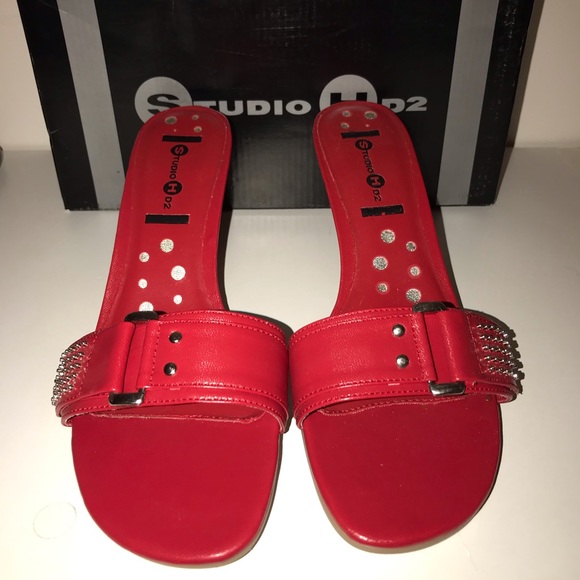 Red Studded Slide Low Heels - Picture 3 of 7